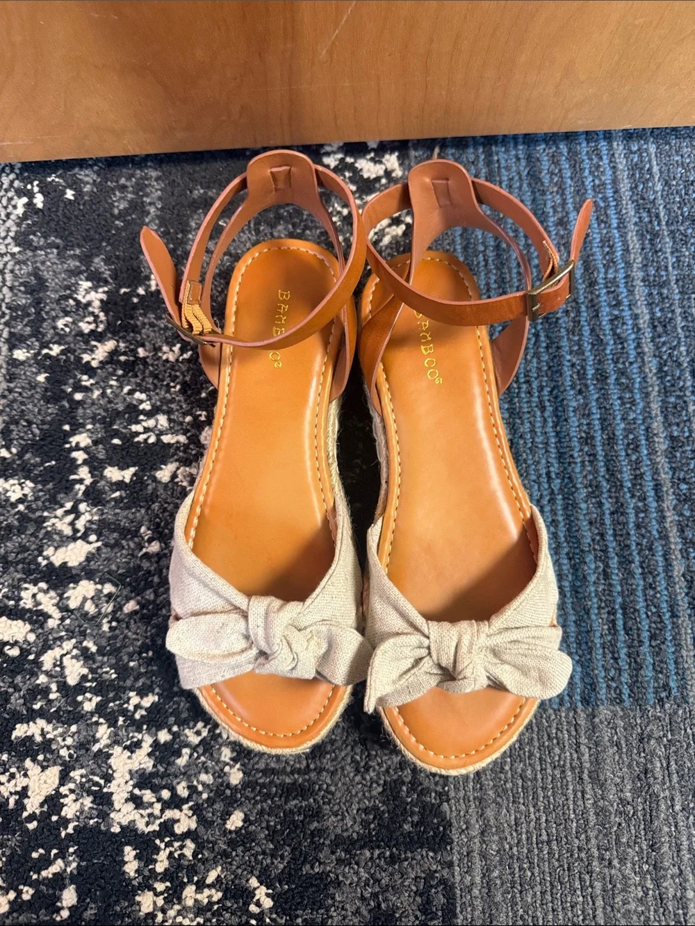 BAMBOO Tan Ankle-Strap Espadrille Sandals with Beige Bow
